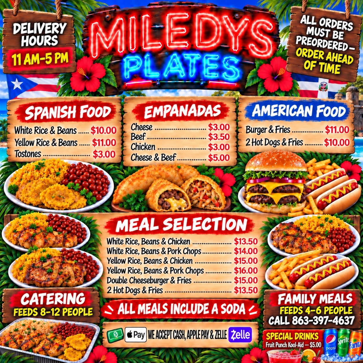 Miledys Plates in red and blue neon, tropical flowers, and Puerto Rican and Dominican flags